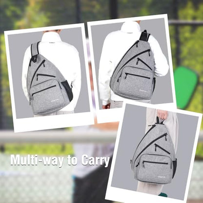 MOSISO Pickleball Bag for Women Men, Pickleball Backpack Sports Pickle Ball Paddle Daypack with 3 Front Pockets, Crossbody Sling Bag for Paddle Tennis Racket, Gray