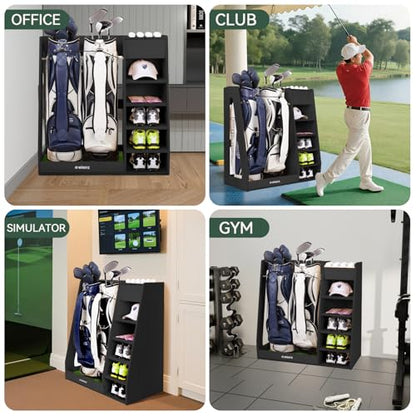 WINGYZ Premium Birch Plywood Golf Bag Storage for 2 Bags | 36lb Rock-Solid Golf Bag Organizer | 7-Shelf Command Center | Artificial Turf 12-Ball Display | No Wall Mounting Required (Black) - color: Black