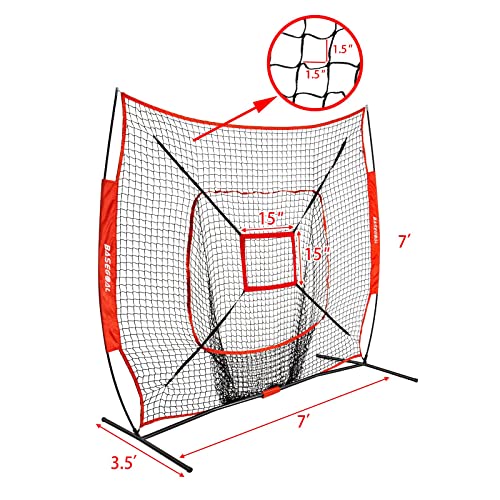 BaseGoal 7'×7' Baseball Softball Practice Net,Baseball Backstop,for Hitting Pitching Batting Catching with Bow Frame,Bonus Strike Zone - style: Red