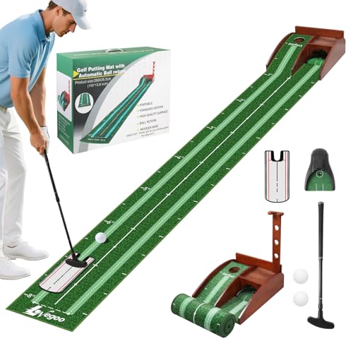 Golf Putting Green Indoor Putting Mat with Auto Ball Return, Solid Wood Base and Crystal Velvet Mat, Ideal for Home, Office, Golf Practice, and Outdoor Use (No Batteries Included)