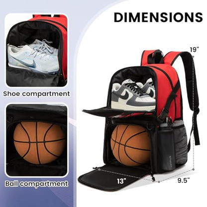 Basketball Bag Backpack with Ball Holder and Shoes Compartment,Best for Basketball, Soccer, Volleyball, Gym. (RED) - color: Red