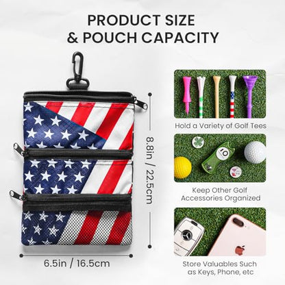 Amy Sport Golf Bag Accessories Valuables Pouch Bags Multi Pocket Zipper Hook with 10 Pcs Wood Golf Tees for Men Women - color: USA Flag