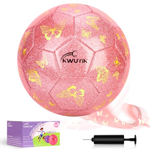 Soccer Ball Size 3 4 Purple Pink Glitter Butterfly Football for Kids Sparkle Gift for Boys Girls Toddlers Aged 3-8 8-12 Easter Birthday Present for Youth Kids Indoor Outdoor Practice - color: Pink Glitter Butterfly, size: size 4