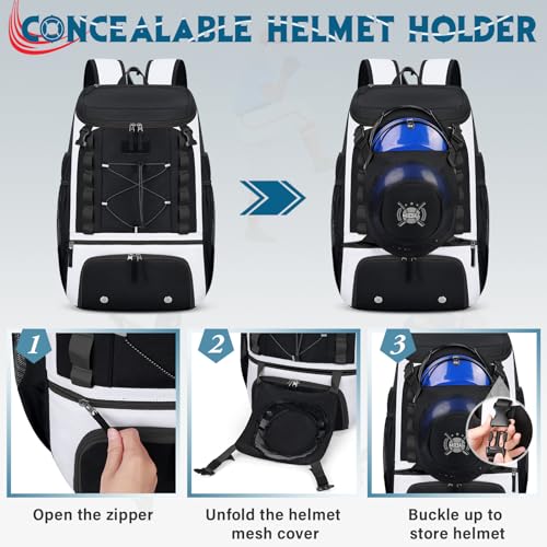 Baseball Bag Lightweight Softball Bags for Adults Youth 40L Large Baseball Backpack with Shoe Compartment, Helmet Holder, Fence Hook Waterproof Softball Bats Bag for T-Ball & Softball Equipment - color: Black & White
