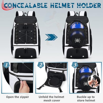 Baseball Bag Lightweight Softball Bags for Adults Youth 40L Large Baseball Backpack with Shoe Compartment, Helmet Holder, Fence Hook Waterproof Softball Bats Bag for T-Ball & Softball Equipment - color: Black & White