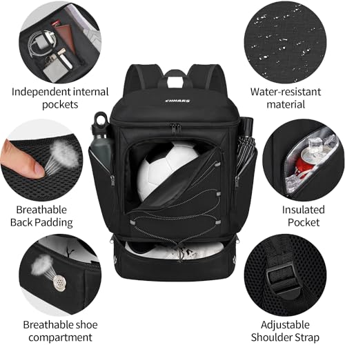 Soccer Bag - Soccer Backpack with Ball Holder,Sport Equipment Bags gifts for soccer stuff Water resistant Includes Separate Cleat Fit Basketball Volleyball Football - color: Black