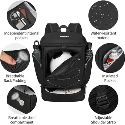 Soccer Bag - Soccer Backpack with Ball Holder,Sport Equipment Bags gifts for soccer stuff Water resistant Includes Separate Cleat Fit Basketball Volleyball Football - color: Black