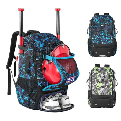 45L Youth Baseball Bat Bag, Softball Bag, Baseball Equipment Backpack Bag with Shoe Compartment - color: Blue