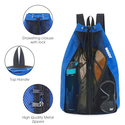 WANDF Swim Bag Mesh Drawstring Backpack Beach Backpack for Swimming, Gym, and Workout Gear - color: Navy Blue With Wet Pocket
