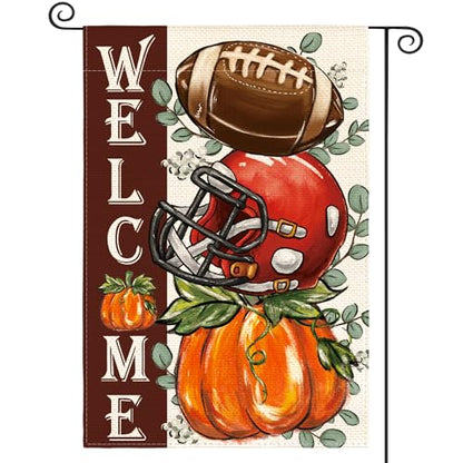 AVOIN colorlife Fall Football Garden Flag 12x18 Inch Double Sided Outside, Welcome Autumn Pumpkin Seasonal Yard Outdoor Flag Red