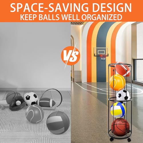 Garage Ball Storage Rack, Wall-Mounted Basketball Holder, Vertical Ball Rack for Soccer Volleyball Football Basketball, Space-Saving Sports Ball Storage Organizer for Garage & Home - size: 2 layer with Wheels