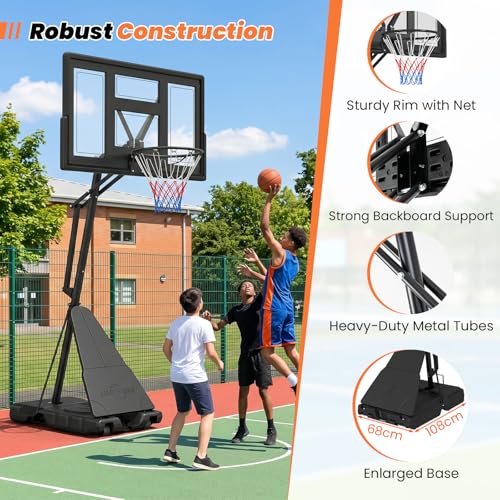 Goplus Outdoor Basketball Hoop, 7.7-10 FT Height Adjustable Tool-Free Basketball Goal System with 43 Inch PC Backboard, Rebound Board, Portable Wheels for Adults in Court, Backyard, Driveway