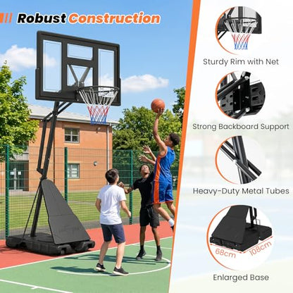 Goplus Outdoor Basketball Hoop, 7.7-10 FT Height Adjustable Tool-Free Basketball Goal System with 43 Inch PC Backboard, Rebound Board, Portable Wheels for Adults in Court, Backyard, Driveway