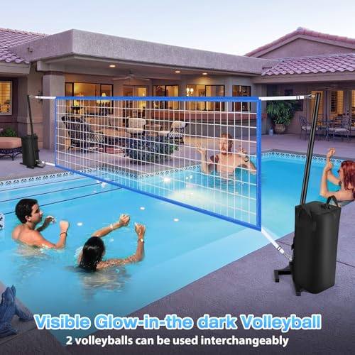 AugFir Pool Volleyball Net, Heavy-duty Pool Volleyball Set with 2 Pool Volleyballs, Stabilizing Pool Volleyball Net Holder with Two 25L Dual Water Bags Support - Pool Games for Adults and Family Needs