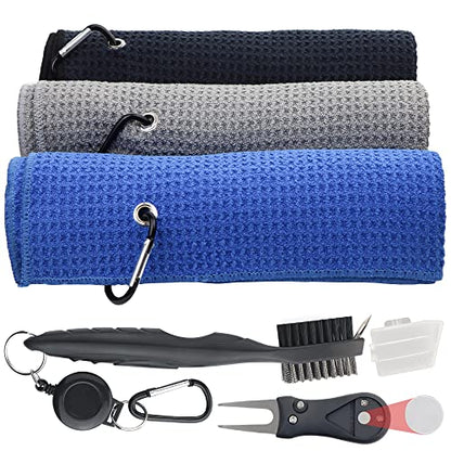 Golf Towel Set - 3 Microfiber Waffle Pattern Golf Towels & Club Brush & Divot Repair Tool, Accessories for Men & Women - color: 5 in 1 Golf Accessories