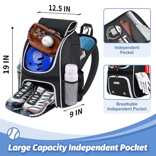 Youth Baseball Bag - Baseball Backpack Bat & Glove Holder, T-Ball & Softball Equipment & Gear,Large Main Compartment for Helmet & accessories, Fence Hook，Insulation Pocket - color: black