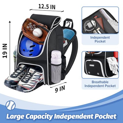 Youth Baseball Bag - Baseball Backpack Bat & Glove Holder, T-Ball & Softball Equipment & Gear,Large Main Compartment for Helmet & accessories, Fence Hook，Insulation Pocket - color: black