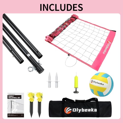 20FT Outdoor Volleyball Net Set System for Backyard Beach with Anti-Sagging Net, Iron Adjustable Height Poles, Soft PU Volleyball and Pump, Carry Bag - Instant Set Up & Durable