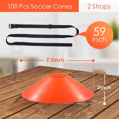 100 Pieces Soccer Cones with Strap Agility Disc Cones Soccer Training Cones Soccer Cones for Drills Orange Mark Disks for Challenge Football Basketball Skating Kids Games Outdoor Indoor 2 Straps