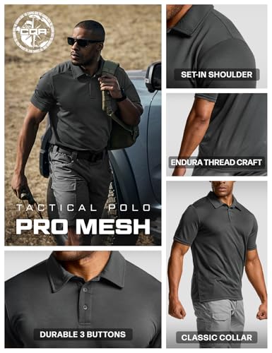 CQR Men's Quick Dry Tactical Polo Shirt, Lightweight Breathable Performance Polo, Short Sleeve UPF 50+ Outdoor Golf Shirt
