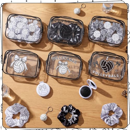 36 Pcs Volleyball Gifts for Girl 12 Black White Volleyball Makeup Bag Bulk Bow Cosmetic Bag Sport Team Gifts with 12 Sport Hair Scrunchies 12 Round Portable Folding Brush Mirror for Team