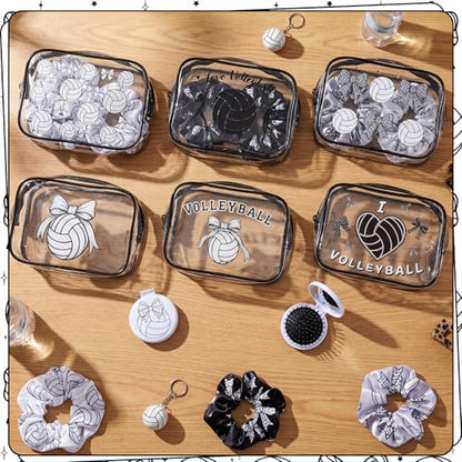 36 Pcs Volleyball Gifts for Girl 12 Black White Volleyball Makeup Bag Bulk Bow Cosmetic Bag Sport Team Gifts with 12 Sport Hair Scrunchies 12 Round Portable Folding Brush Mirror for Team