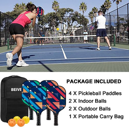 Pickleball Paddles, USAPA Fiberglass Pickleball Paddles Set of 4, Pickleball Set with 4 Pickleball Rackets, Including 4 Pickleballs & 1 Carry Bag, Pickle Ball Paddles Set for Men, Women - color: 5.Red&Blue Stripe-set of 4