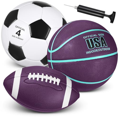 Libima 3 Pcs Sports Ball Set for Kids Teens Include Official Size Basketball Soccer Football with Pump and Carry Bag Training Practice Sport Back to School Gift - color: Purple