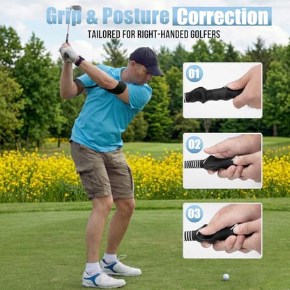 Montela Retractable Golf Swing Trainer, Right-Handed Training Aid with Grip Trainer and Arm Band for Swing Tempo & Chipping, Indoor Outdoor Practice for Beginners