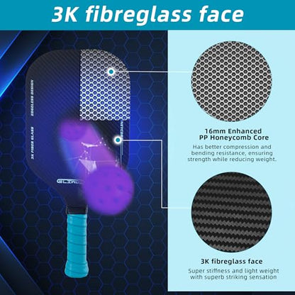 Pickleball paddles set of 2 | Rackets are made to USAPA standards | 3k fibreglass textured surface| rimless design | 16 mm polypropylene honeycomb core | Racket Set for Men, Women, Children.