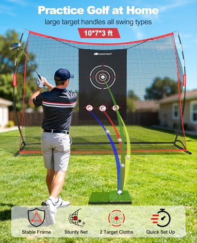 Golf Net, 10 x 7ft Golf Practice Net with 2 Targets - Heavy Duty Hitting Driving Chipping Swing Nets for Backyard Garbage Indoor Outdoor, Gifts for Men Dad Golfer