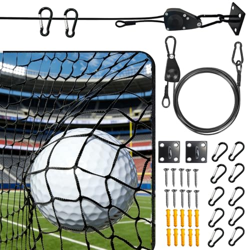 Golf Practice Net with Pre-Assembled Hanging System, 10x10/ 10x15/ 10x20ft Golf Netting for Garage, Self-Locking Pulley & 3/16" PVC Coated Cable, Easy Tension Setup, DIY Sports Netting - size: 10x15 FT