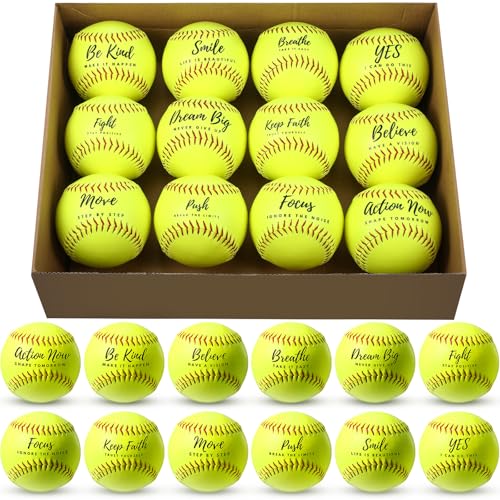 MiniInflat 12 Pack Sports Practice Softball Motivational Slowpitch Softball Official Size and Weight Ball Inspirational Fastpitch Training Ball Leather Covered for Game Training