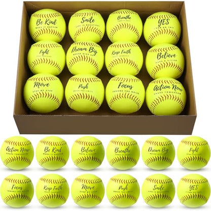 MiniInflat 12 Pack Sports Practice Softball Motivational Slowpitch Softball Official Size and Weight Ball Inspirational Fastpitch Training Ball Leather Covered for Game Training