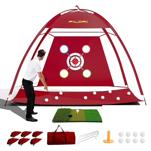 FILORI Golf Practice Net 10x7FT - Golf Hitting Net with Tri-Turf Mat, 8 Balls, Tee & Carry Bag, Indoor/Outdoor Backyard Training for Driving Chipping Swing, Ideal Gifts for Men Dad Husband Golfer - color: Red