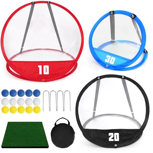 AuntyFey Golf Chipping Net, Golf Chipping Game, 3Pcs Pop-Up Golf Practice Net Backyard with 3 Targets, 15 Balls, 1 Hitting Mat, 1 Storage Bag, Indoor Outdoor Game Gift(Golf Clubs not Included)