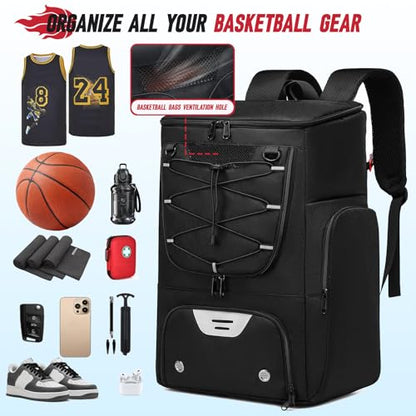 Basketball Backpack, Basketball Bag with Separate Ball Holder & Shoes Compartment Water Resistant Sports Bag Basketball Equipment Bags Fit Volleyball, Soccer, Swim, Gym, Travel, Black