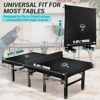 ORKELS Table Tennis Table Cover with Storage Bag, 420D Oxford Waterproof Cover (5000Pa), Windproof Buckle & Elastic Straps, 10.2FT x 6.2FT, Fits Indoor/Outdoor Ping Pong Tables