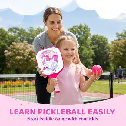 Joycat Kids Pickleball Paddles Set of 2, Lightweight Plastic Cute Pickleball Paddles with Small Grip, 2 Pickleballs, 1 Drawstring Bag,Indoor Outdoor Sport Gift for Kids,Beginner - style: Unicorn