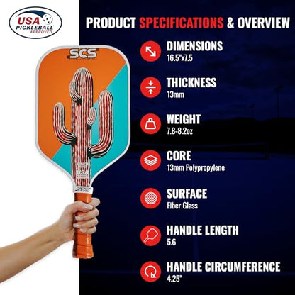 SCS Carbon Fiber Pickleball Paddle – USAPA Approved 2024 – Lightweight, Enhanced Spin, Sure-Grip Handle – Evo-Lite Series for Intermediate Players - color: Cacti