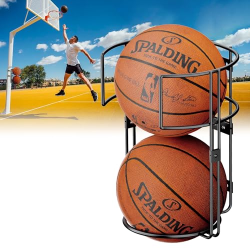 Vertical Ball Rack, Durable Standing Holder Wall Mount for Garage, Hanging Basketball Storage for Indoor or Outdoor, Sport Organizer for 2 Balls, Pole or Wall Mounted
