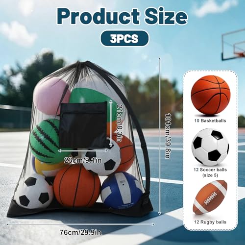 Extra Large Sports Ball Bag 3 Pcs Duty Net Mesh Soccer Ball Basketball 40*30 Heavy Duty Drawstring Bags with Pocket Team Work, Adjustable Shoulder Strap for Holding Volleyball, Baseball, Swimming Gear