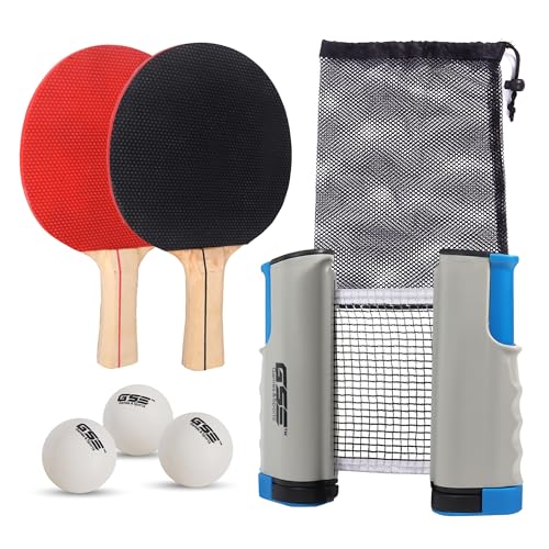 GSE Games & Sports Expert Adjustable Retractable Ping Pong Net Set & Post. Professional Table Tennis Rackets and Balls, Net with Posts and Storage Bag - Pingpong Paddle and Game Table Accessories. | Adjustable, Retractable, Post, Professional, Rackets, Ba