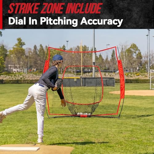 7' x 7' Baseball Net Set with Travel Tee, 3 Weighted Balls & Strike Zone for Hitting, Pitching, Batting & Fielding Training | Collapsible Portable Training Net for Indoor & Outdoor