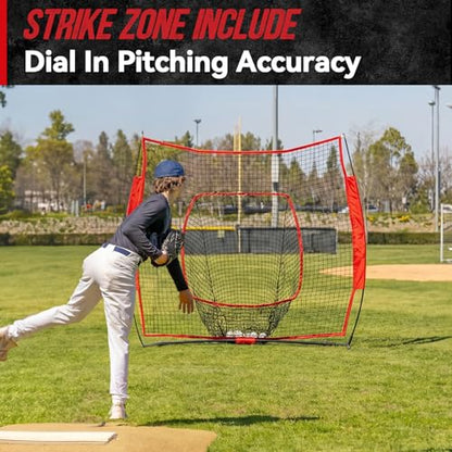 7' x 7' Baseball Net Set with Travel Tee, 3 Weighted Balls & Strike Zone for Hitting, Pitching, Batting & Fielding Training | Collapsible Portable Training Net for Indoor & Outdoor
