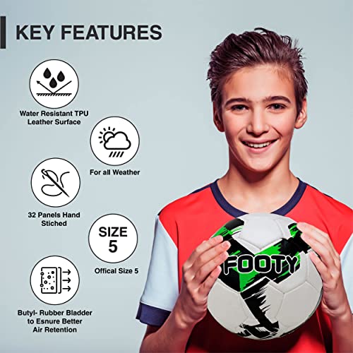 Footy - Size 5 Leather Soccer Ball with Pump - Professional Youth Training Ball - color: Green