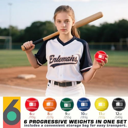 Set of 6 Weighted Softball - Training Softballs Weighted Balls for Softball with Drawstring Bag - 6oz to 12oz, 12 Inch - Help Increase Pitch Velocity - Great for All Skill Levels