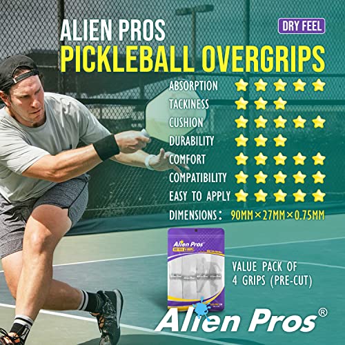 ALIEN PROS Pickleball Overgrip (4-Pack) with Ridges for Better Grip Control - Precut and Dry Feel Pickleball Grip Tape - Non-Slip Pickleball Paddle Grip Tape for High Performance - color: White