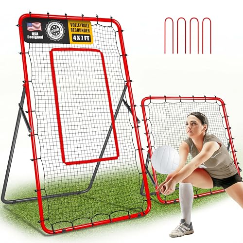 2-in-1 Volleyball Rebounder Net, Adjustable 7×4 ft to 4.5×4 ft Bounce Back Training Rebound Equipment with Angle Customization for Volleying, Bumping, Spiking Practice - color: Red