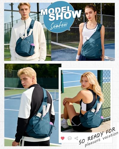 SEAFEW Pickleball Sling Bag for Men and Women, Lightweight Pickleball Crossbody Backpack with Skin-Soft Fabric & Water Bottle Holder, Peacock Blue - color: A1-blue